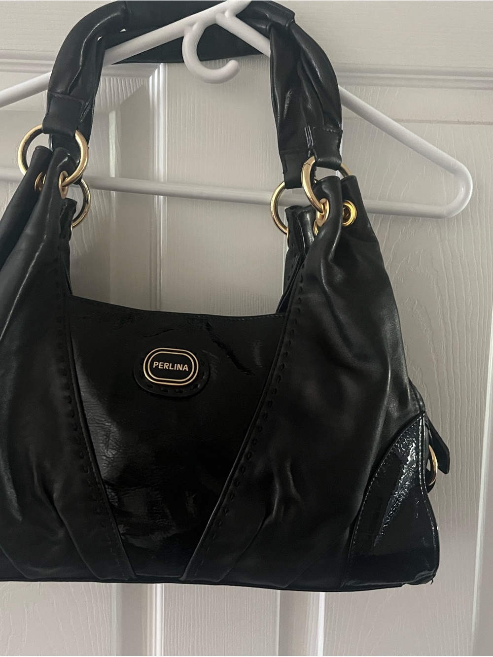 Perlina Black Shoulder Bag with Gold-Tone Rings